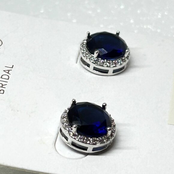 David's Bridal Cubic Zirconia Sapphire Blue Halo Post Earrings NWT - Picture 6 of 8
